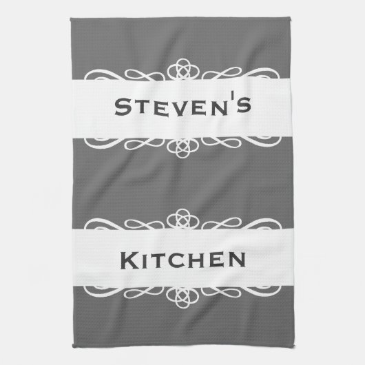 エレガントな灰色のストライブ柄の名前の台所ふきん キッチンタオル (縦)