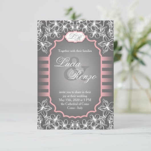 エレガントな灰色の結婚式招待状およびピンク 招待状 (スタンド正面)