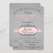 エレガントな灰色の麻布およびピンクの誕生日の招待状 招待状 (正面/裏面)