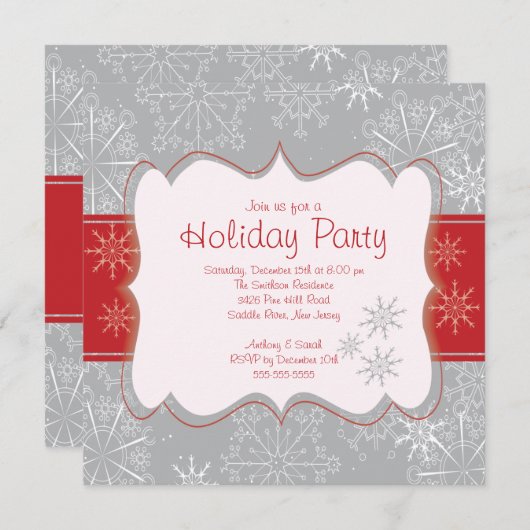 エレガントな灰色及び赤い雪片の休日のパーティ 招待状 (正面/裏面)