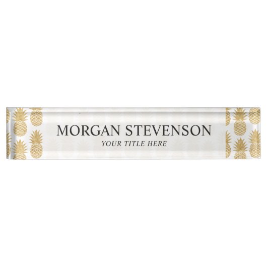 エレガントな熱帯ホワイトゴールドのパイナップルパターン デスクネームプレート (正面)