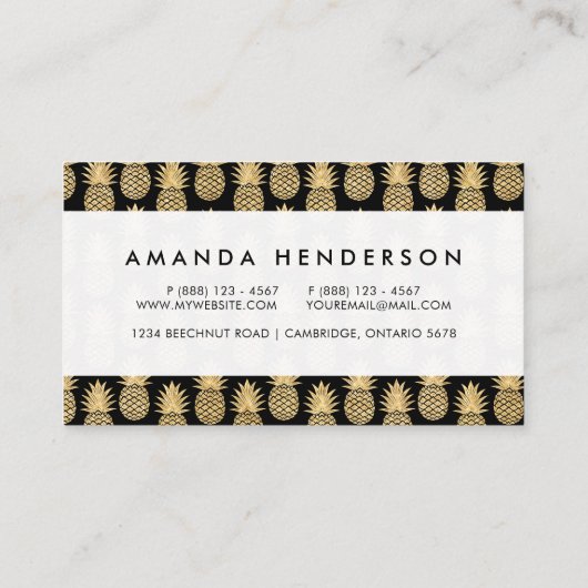 エレガントな熱帯黒および金ゴールドのパイナップルパターン 名刺 (裏面)