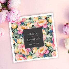 エレガントな牡丹の水彩画（黒背景） | 結婚式 スタンダードカクテルナプキン