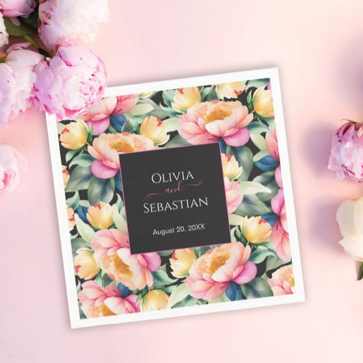 エレガントな牡丹の水彩画（黒背景） | 結婚式 スタンダードカクテルナプキン