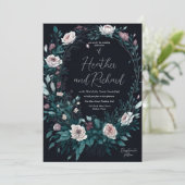 エレガントな牡丹の花と葉のリースの結婚式の招待状 招待状 (スタンド正面)