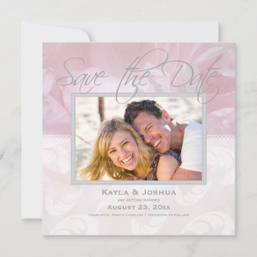 エレガントな牡丹のSave the Date: シルバー 招待状 (正面)