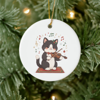 エレガントな猫のバイオリン Christmas セラミックオーナメント