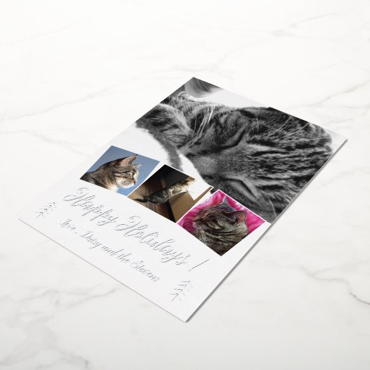エレガントな猫の写真コラージュ シルバーフォイル ホリデーカード 箔シーズンカード (回転した状態)