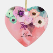 エレガントな猫、大きなディーバハットとバラのバレンタインハート セラミックオーナメント (裏面)