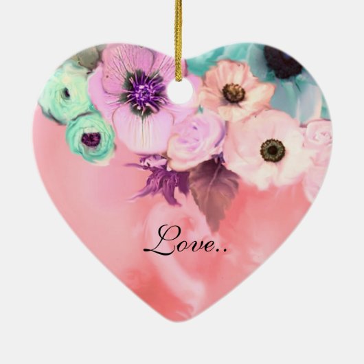 エレガントな猫、大きなディーバハットとバラのバレンタインハート セラミックオーナメント (裏面)