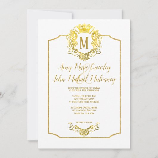 エレガントな王冠の金ゴールドの王室のな頂上の結婚式招待状 招待状 (正面)