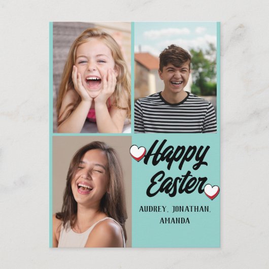 エレガントな現代のイースター、家族3人の写真コラージュ シーズンポストカード (正面)