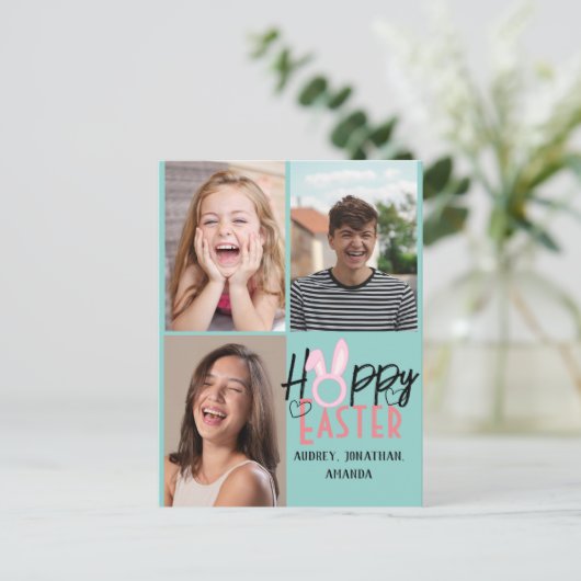 エレガントな現代のイースター、家族3人の写真コラージュ シーズンポストカード (スタンド正面)