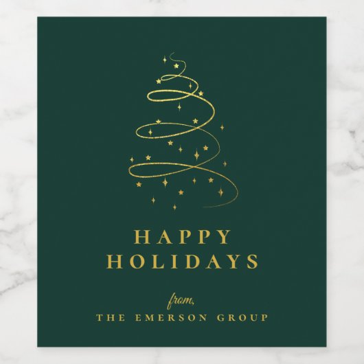 エレガントな現代のゴールドスターリーツリー ホリデー ワインラベル (シングルラベル)