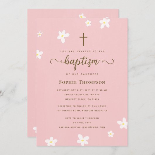 エレガントな現代のピンクのデイジー十字架宗教的洗礼 招待状 (正面/裏面)