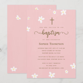 エレガントな現代のピンクのデイジー十字架宗教的洗礼 招待状