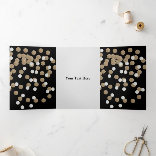 エレガントな現代のブラックゴールドのコンフェッティ ホリデーパーティー 三つ折り案内状 (内部)