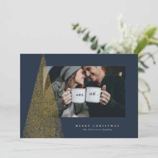 エレガントな現代の偽の金のクリスマスツリーの写真1枚 シーズンカード (スタンド正面)