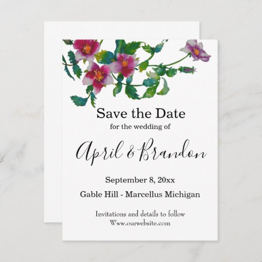 エレガントな現代の水彩画の濃いピンクの野の花 セーブザデート (正面/裏面)