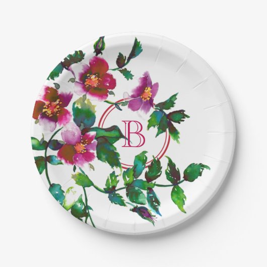 エレガントな現代の水彩画の濃いピンクの野の花 ペーパープレート (正面)
