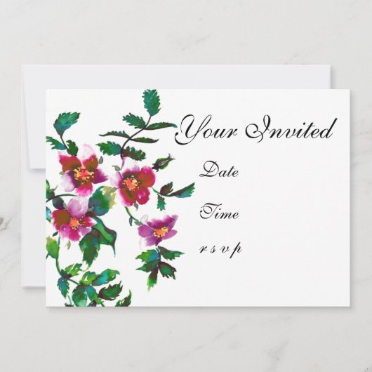 エレガントな現代の水彩画の濃いピンクの野の花 招待状 (正面)
