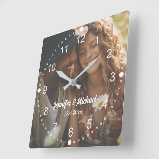 エレガントな現代の白いスクリプト写真の記念日 スクエア壁時計 (傾斜)