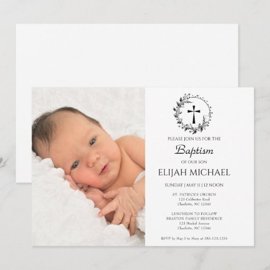 エレガントな現代の白い写真付き洗礼招待状 招待状 (正面/裏面)