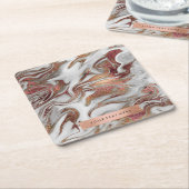 エレガントな現代の銅ローズゴールドホワイト大理石のような見た目 スクエアペーパーコースター (アングル)