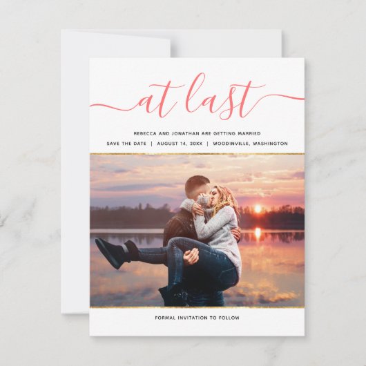 エレガントな生きている珊瑚の写真のモダンの保存日付 招待状 (正面)