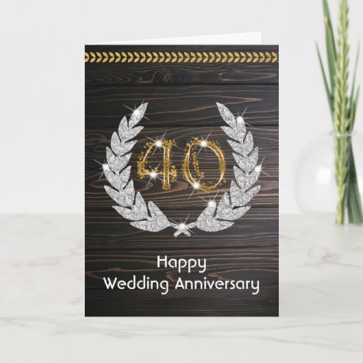 エレガントな田舎風の木製40回結婚記念日 カード (正面)