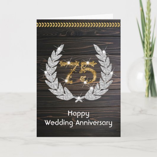エレガントな田舎風の木製75周年結婚記念 カード (正面)
