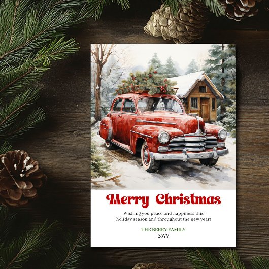 エレガントな田舎風クリスマスシーンの赤い車のグリーティングカード シーズンカード