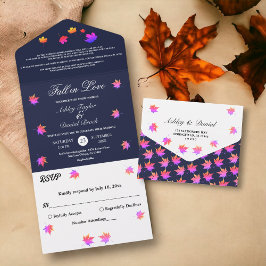 エレガントな田舎風ネイビーブルーのネオンの紅葉の秋の結婚式 オールインワン招待状
