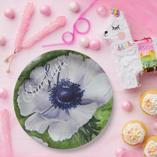 エレガントな白いアネモネのモノグラムパーティー ペーパープレート (パーティー)