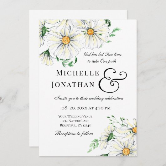 エレガントな白いデイジーの花のクリスチャンウェディング 招待状 (正面/裏面)