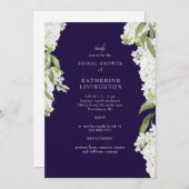 エレガントな白いハイドランジア ネイビー ブライダルシャワー 招待状 (正面/裏面)