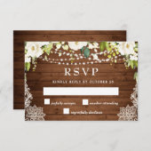 エレガントな白いバラとグリーンとレースのラスティックウェディング 出欠カード (正面/裏面)