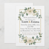 エレガントな白いバラとグリーンの結婚式招待状 招待状 (正面/裏面)
