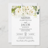 エレガントな白いバラとゴールドの花の結婚式 招待状 (正面)