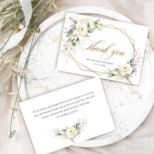 エレガントな白いバラとユーカリの結婚式のお礼 サンキューカード