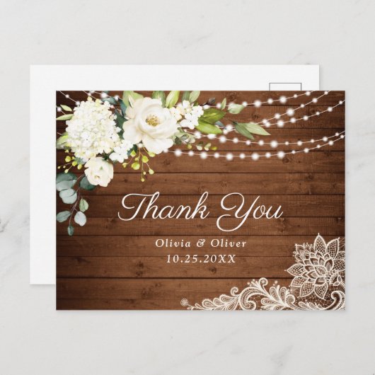 エレガントな白いバラとレースの木製サンクスカード ポストカード (正面/裏面)