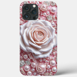 エレガントな白いバラと輝くピンクのパール iPhone 13 PRO MAXケース