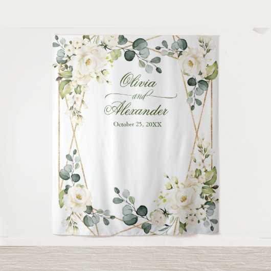 エレガントな白いバラのウェディング フォトブース バックドロップ タペストリー (正面)