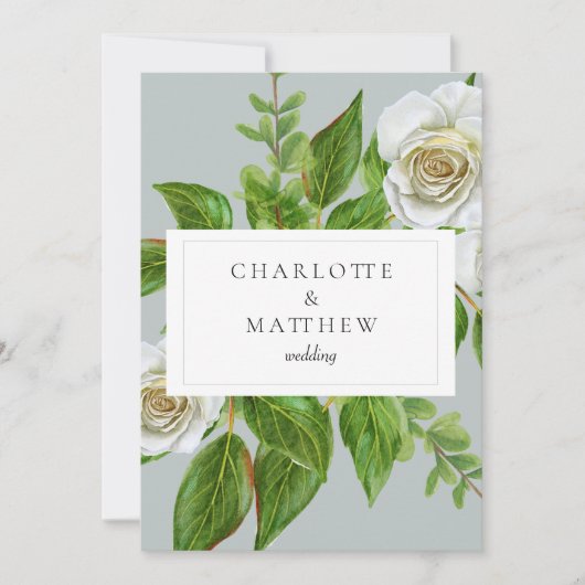 エレガントな白いバラのグリーン  ウェブサイト ウェディング 招待状 (正面)