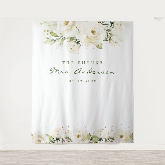 エレガントな白いバラのブライダルシャワー写真用背景 タペストリー (正面)