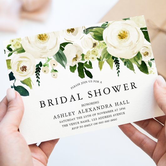 エレガントな白いバラのブライダルシャワー 招待状