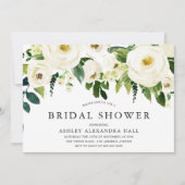 エレガントな白いバラのブライダルシャワー 招待状 (正面)