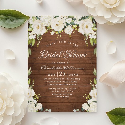 エレガントな白いバラのラスティックウッド ブライダルシャワー 招待状