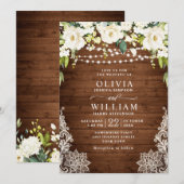 エレガントな白いバラのレースと木製のウェディング 招待状 (正面/裏面)