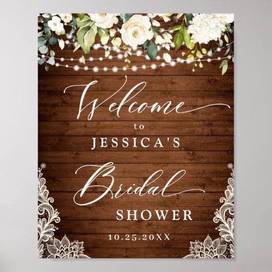 エレガントな白いバラのレースと素朴な木のウェディングシャワー ポスター (正面)